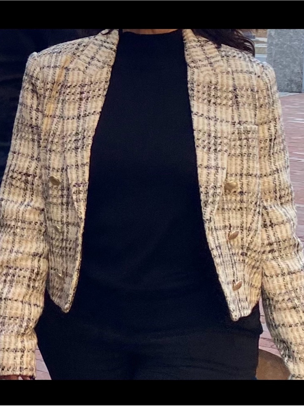 Elie Tahari Black and Cream Plaid Cropped Tweed Blazer